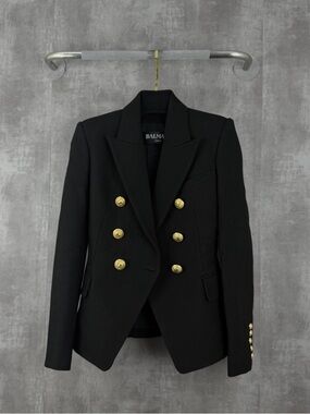 Authentic Balmain Black Double-Breasted Gold-Button Blazer